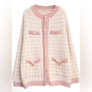 Women Knit Sweater Cardigans Retro O-Neck Single-Breasted Plaid Size Large